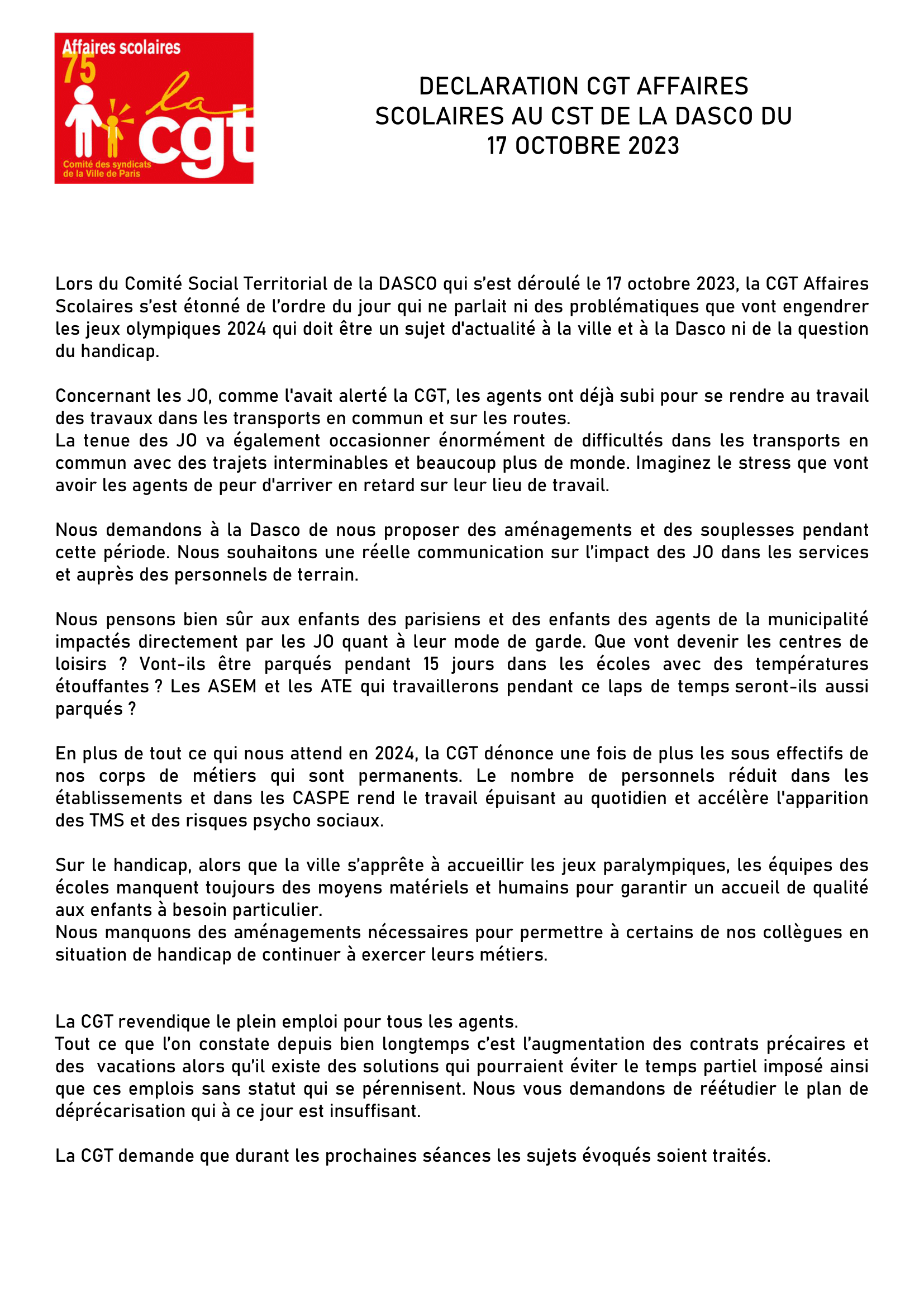 Déclaration Cgt Affaires Scolaires Au Cst De La Dasco Du 17 Octobre 2023 Affaires Scolaires